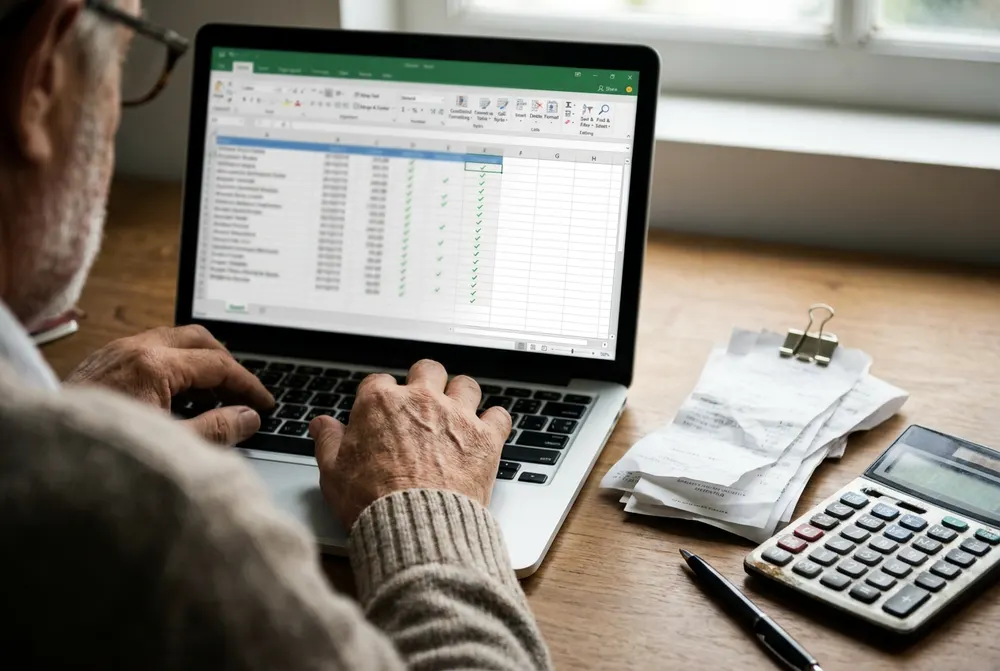 Business owner checking clipped receipts against a spreadsheet on a laptop, with a calculator beside it