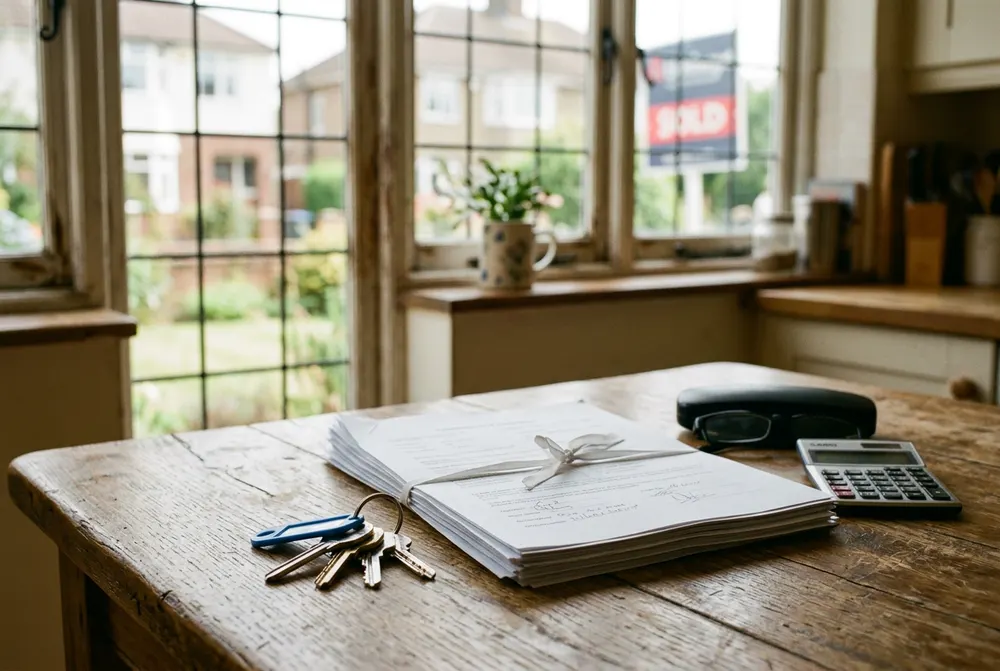 Completion papers, house keys and a calculator laid out on a table after a property sale