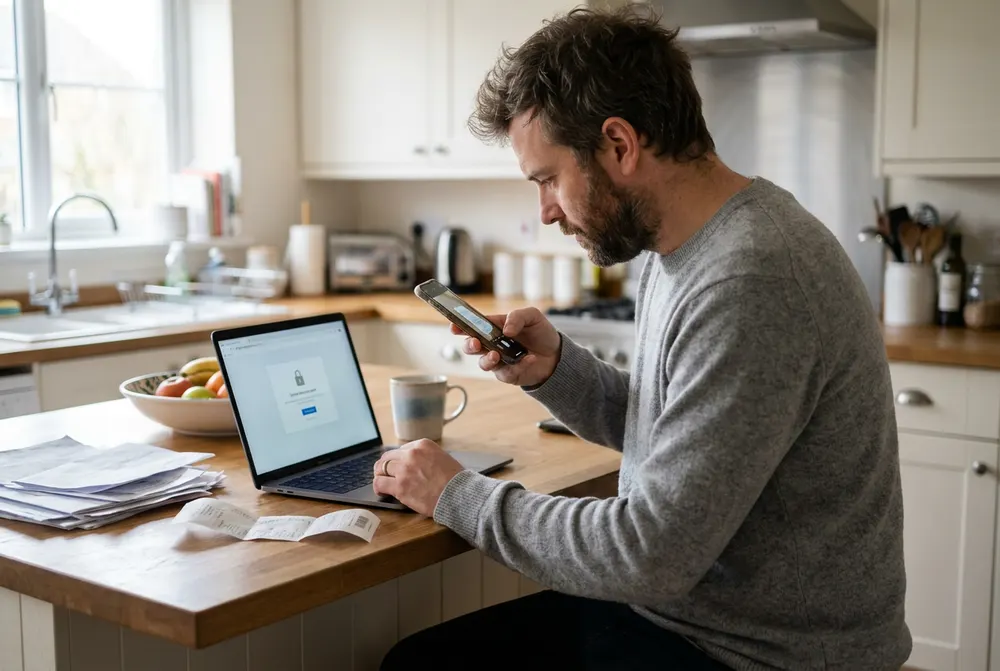 Man checking his phone at a kitchen counter beside a laptop showing a secure login screen