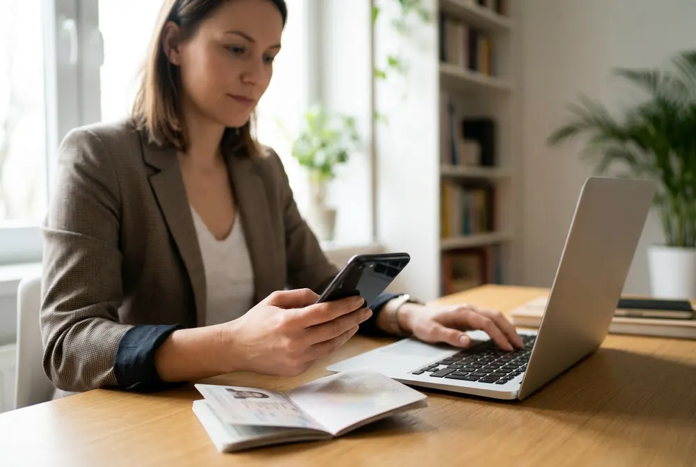 Company director photographing her passport with her phone at a desk beside her laptop