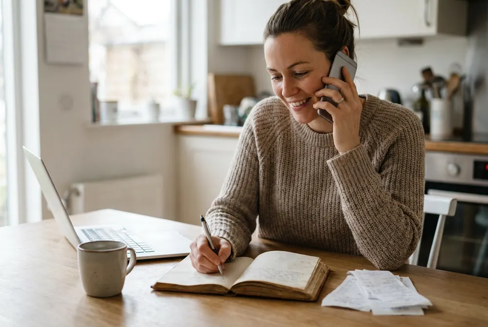 Woman on the phone at her kitchen table, smiling and taking notes beside her laptop