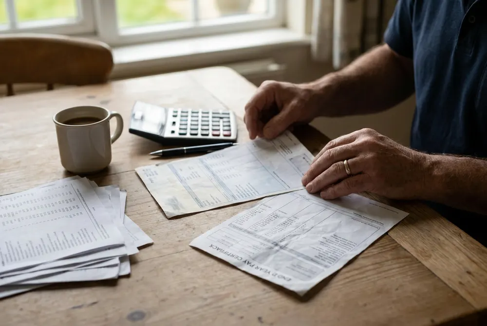 Payslip, calculator and a mug of tea on a kitchen table, ready to check the tax