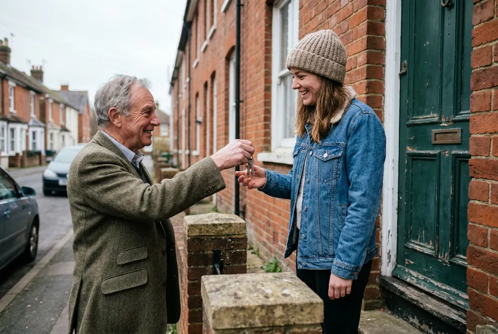 Landlord handing the keys of a terraced house to a smiling new tenant