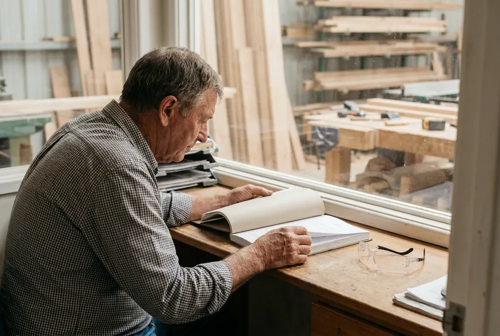 Joinery company director reading through his finished annual accounts at the workshop window