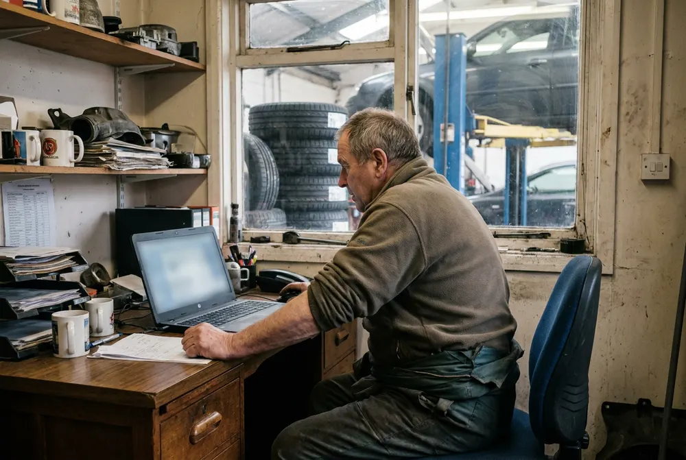 Tyre garage owner working on a laptop in his workshop office