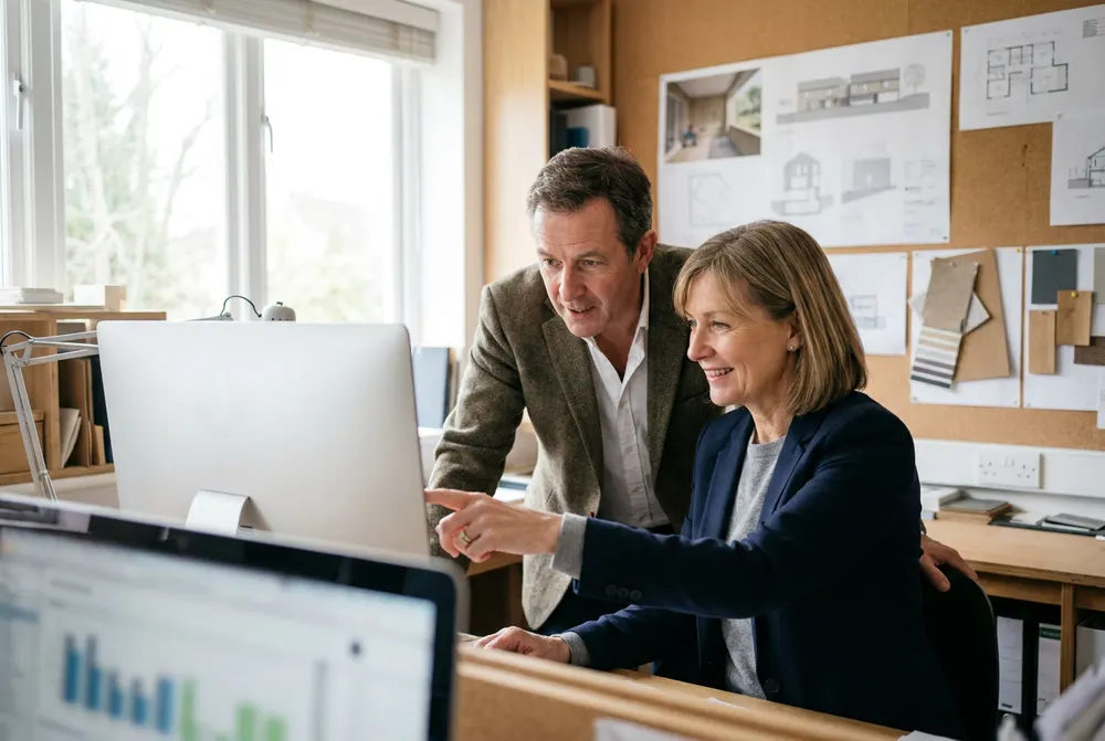 Two business partners reviewing figures on a monitor in their studio