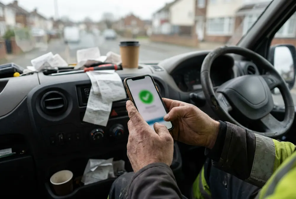 Tradesman in his van checking a confirmation on his phone, receipts on the dashboard