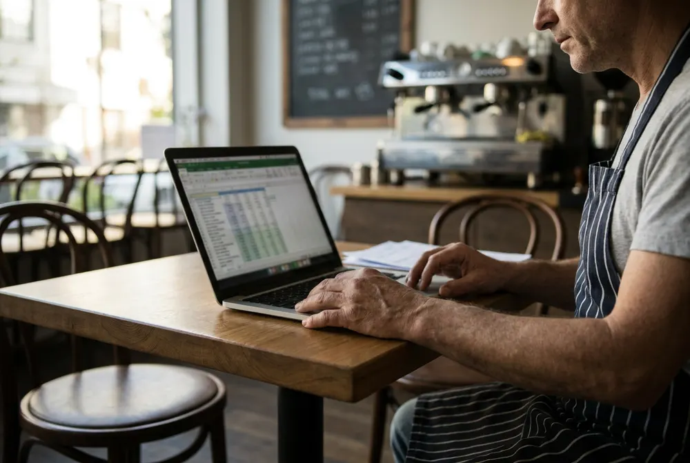 Café owner in an apron checking his staff payslips on a laptop at a café table