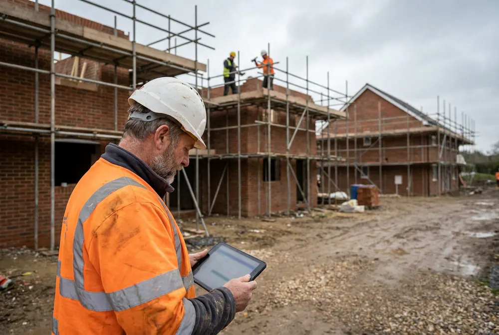 Site manager in hi-vis checking a tablet on a new-build housing site