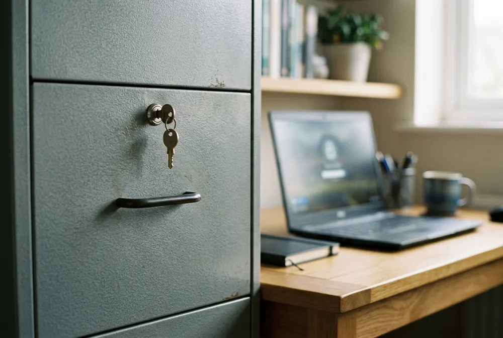 Locked grey filing cabinet with keys in the drawer, beside a laptop on an office desk