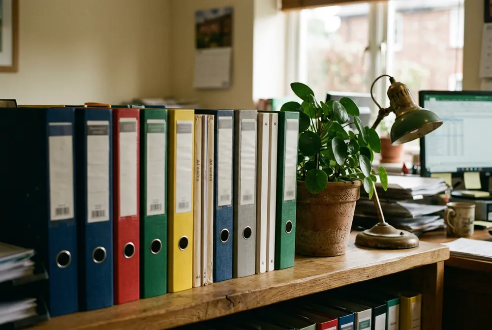 Row of coloured ring binders on a wooden shelf beside a plant and a desk lamp