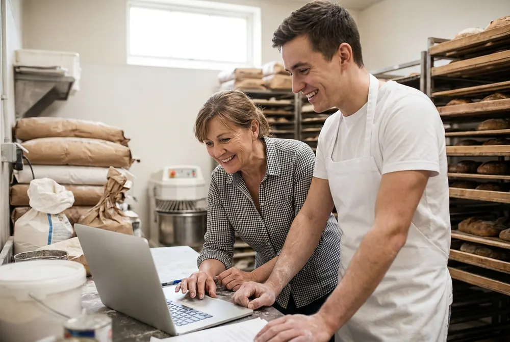 Bakery owner and a new baker checking his right to work online on a laptop