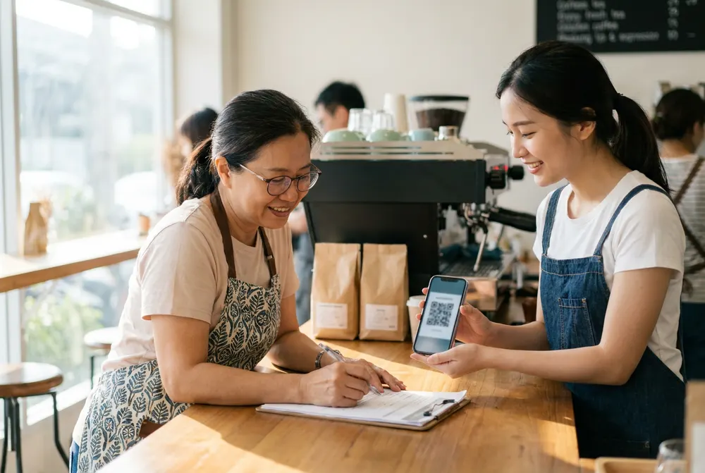 Cafe owner checking a new starter's documents on her phone