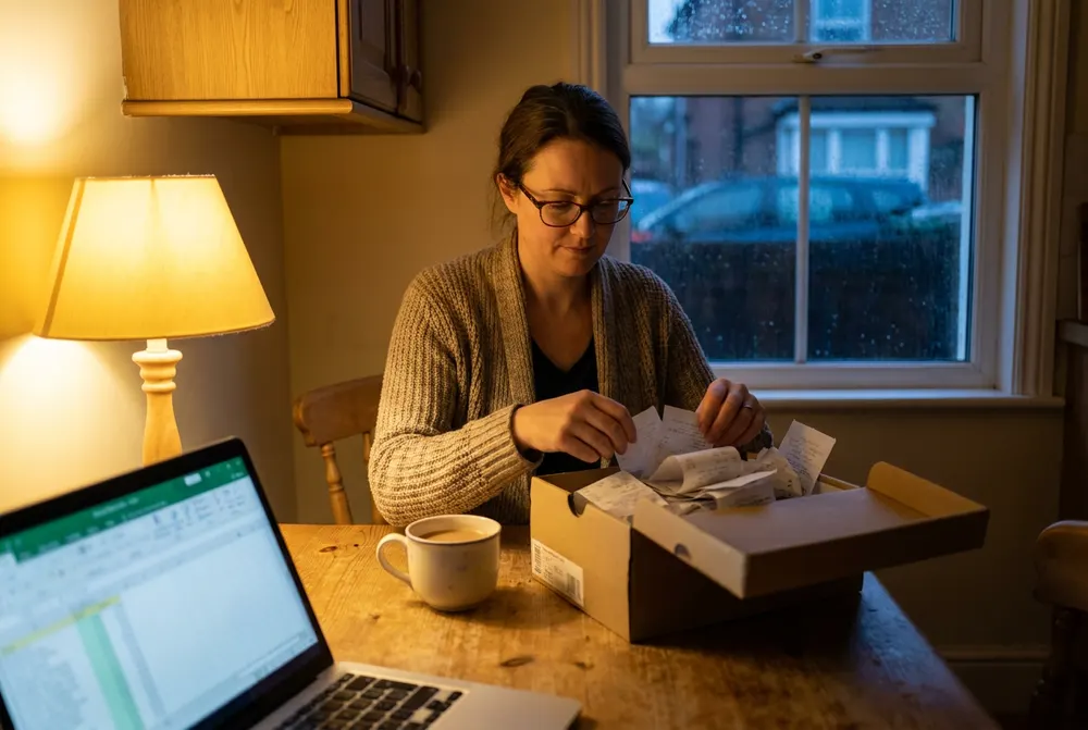 Self-employed woman sorting a box of receipts at her kitchen table in the evening