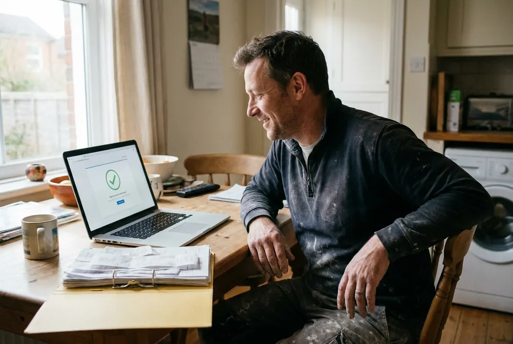 Self-employed plasterer at his kitchen table looking relieved at a sent confirmation on his laptop