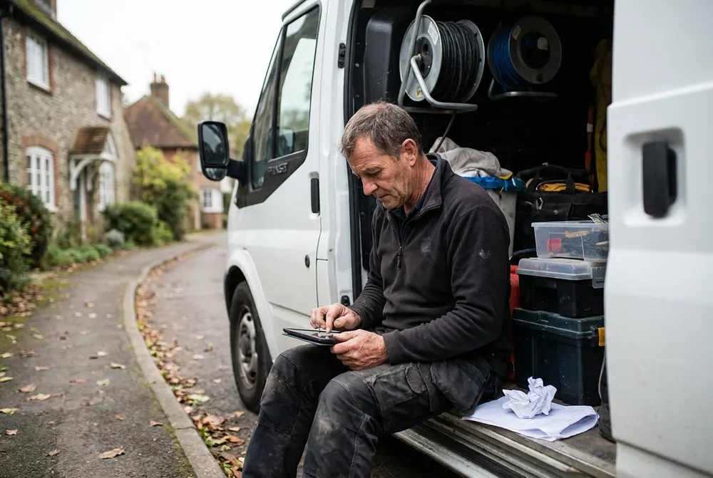 Electrician sitting in the back of his van checking an invoice on a tablet