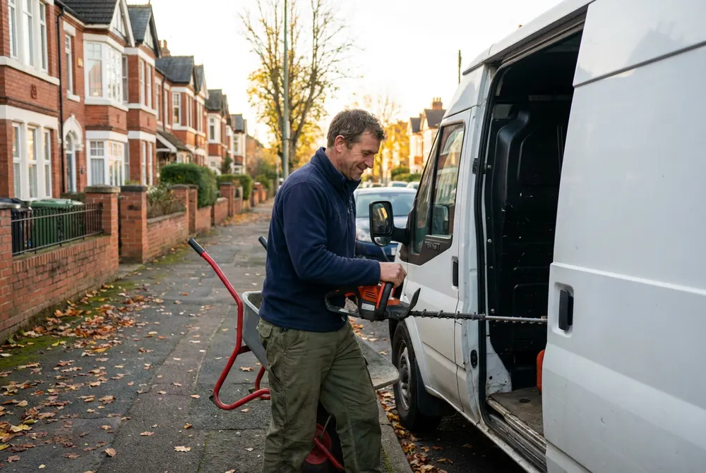 Landscape gardener loading tools into his van on a Sussex street