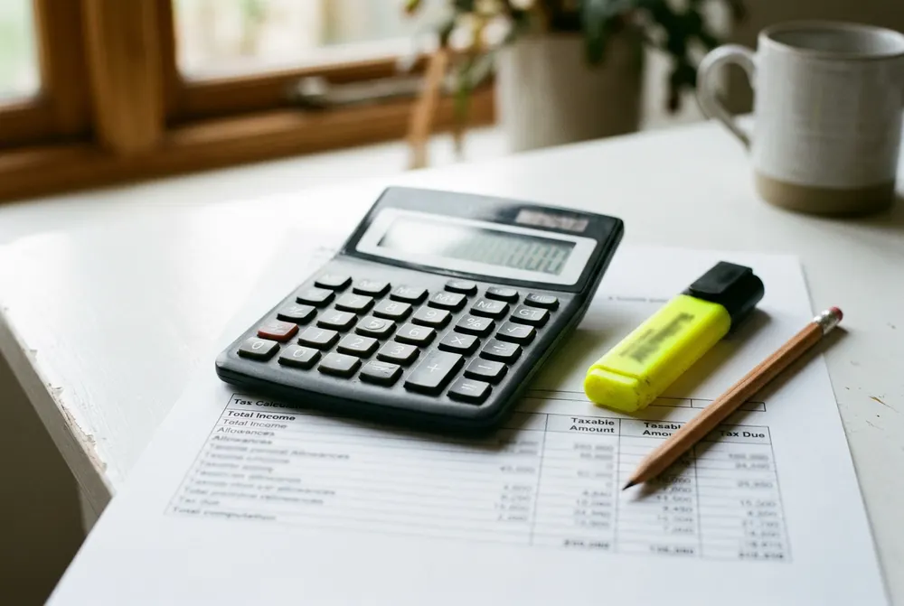 Calculator, highlighter and pencil on a printed tax computation sheet