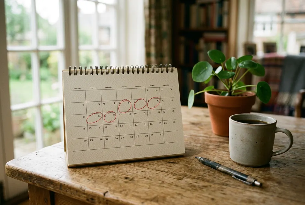 Desk calendar with several dates circled in red beside a mug of coffee and a pen