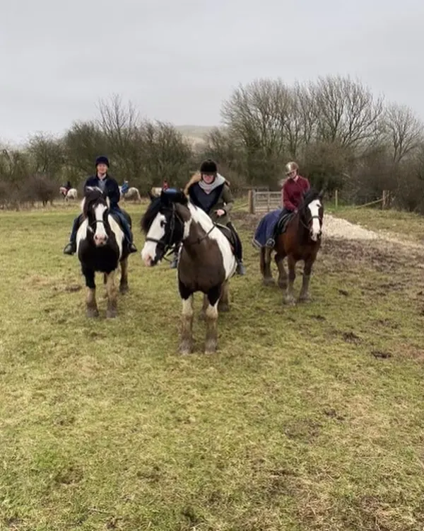 Three riders on cobs crossing a grassy field under a grey winter sky