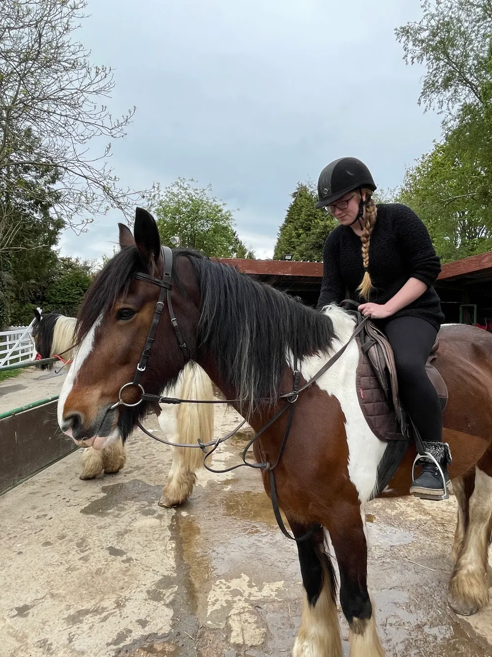 Rider with a long plait on a brown and white cob in a stable yard