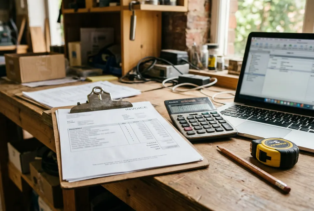Invoice on a clipboard beside a calculator and tape measure in a workshop office
