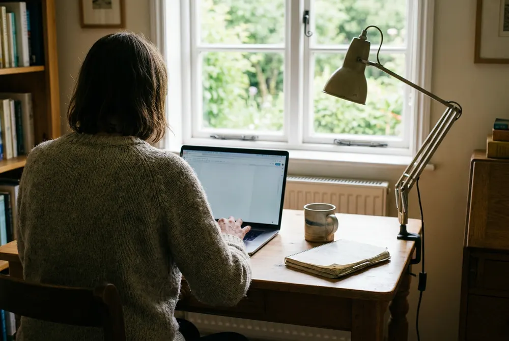 Desk, laptop and lamp set up in the spare room of a cottage as a home office